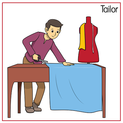 Vector illustration of tailor isolated on white background. Jobs and occupations concept. Cartoon characters. Education and school kids coloring page, printable, activity, worksheet, flashcard.