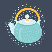 Vector cartoon illustration of tea kettle. Funny hand drawn concept on dark background.