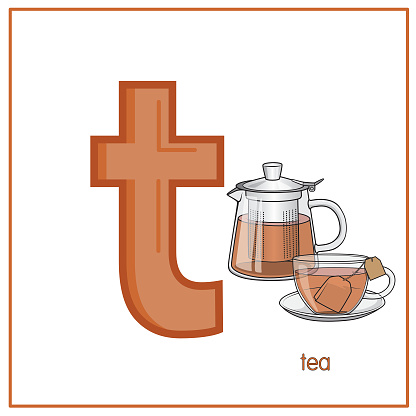 Vector illustration of Tea with alphabet letter T Lower case for children learning practice ABC