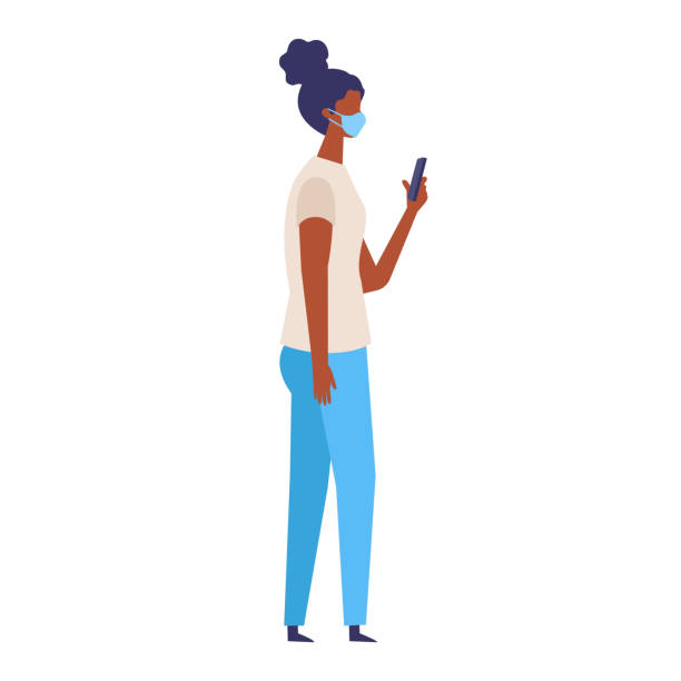 Vector illustration of the black woman texting while walking with a surgical mask. Vector illustration of the black woman texting while walking with a surgical mask.
The illustration for the topic of coronavirus, flu and cold. Vector illustration in flat style. black woman using phone stock illustrations