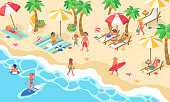 Vector illustration (isometric) of the life scenery of many people who came to the sea in the summer