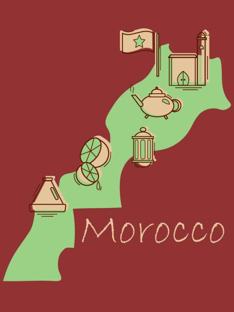 ilustrações de stock, clip art, desenhos animados e ícones de vector illustration of the map of morocco with icons symbols of the country - marrakech desert