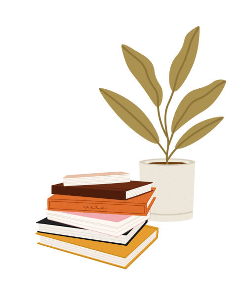 Vector illustration of the stack of books, and home plant, isolated on white. Vector illustration of the stack of books, and home plant, isolated on white. Hand-drawn set. Objects for learning, reading, school tools. Suitable for book shops, and publishing houses. drawing of a bookshelf stock illustrations