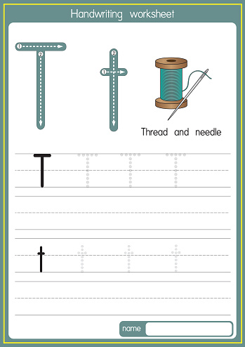 Vector illustration of Thread and needle with alphabet letter T Upper case or capital letter for children learning practice ABC