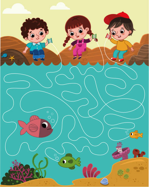 Vector illustration of three kids gone fishing. Vector illustration of three kids gone fishing. Puzzle game for children in cartoon style. Follow the lines to see who has caught the biggest fish. maze clipart stock illustrations