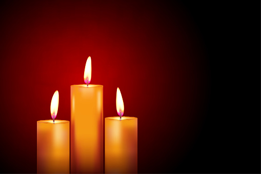 Vector illustration of three lit candles with wick burning and giving yellow flame over maroon background