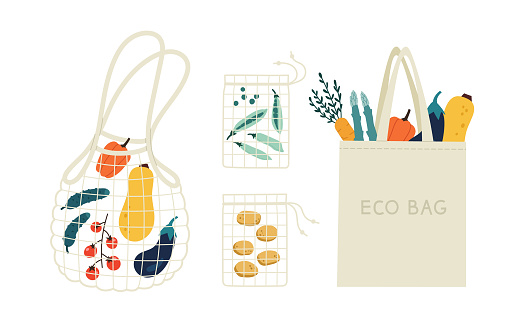 Vector illustration of three mesh eco bags with vegetables inside, and one textile eco bag, on a beige background.