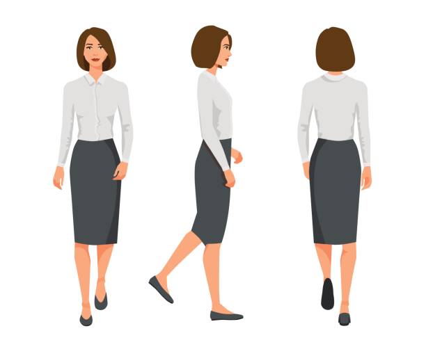 ilustrações de stock, clip art, desenhos animados e ícones de vector illustration of three walking business woman  in official clothes. cartoon realistic people illustartion.flat young woman.front view girl,side view girl,back side of girl - woman walk