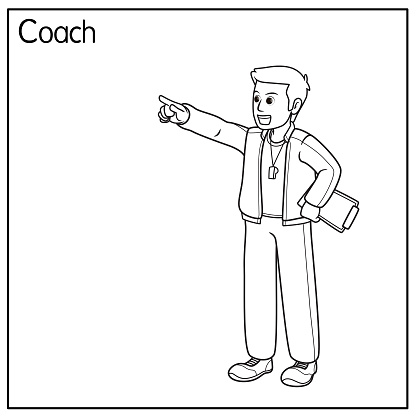 Vector illustration of trainer coach isolated on white background. Jobs and occupations concept. Cartoon characters. Education and school kids coloring page, printable, activity, worksheet, flashcard.