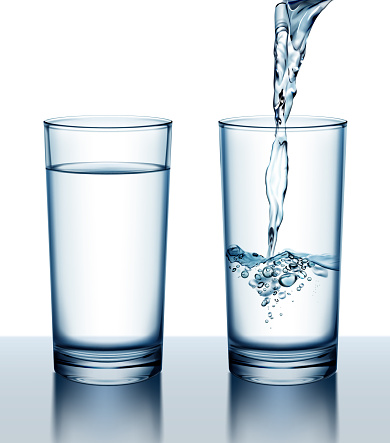 Vector illustration of two glasses of full and pouring fresh water on background
