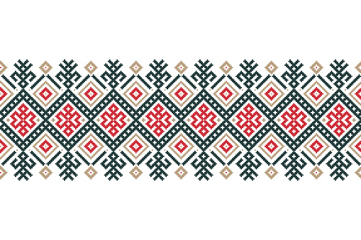 Vector illustration of Ukrainian folk seamless pattern ornament. Ethnic ornament. Border element. Traditional Ukrainian, Belarusian folk art knitted embroidery pattern - Vyshyvanka