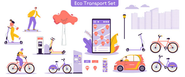 illustrazioni stock, clip art, cartoni animati e icone di tendenza di illustrazione vettoriale del set di eco trasporti urbani - electric scooter