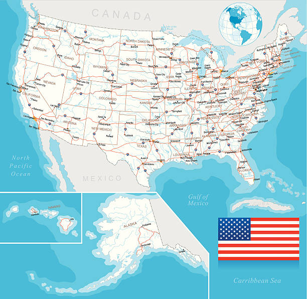 Vector illustration of U.S. highway map, layered Highly detailed map of United States with roads, states, big cities, rivers and some other objects florida us state stock illustrations
