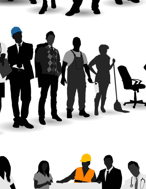 Three groups of silhouettes of men and women of various occupations.  The top group contains eight people, including a painter, female doctor, male doctor, businesswoman, businessman, construction worker and maid.  The second group contains nine people, including a building contractor, female doctor, male architect, businessman, painter, maid, businesswoman, construction worker and male doctor.  The third group contains seven people, including two businessmen, two businesswomen, a construction worker, a male doctor and a painter on a ladder.  The three middle people in the third group are holding a whiteboard, and three of the other people are gesturing toward the whiteboard.