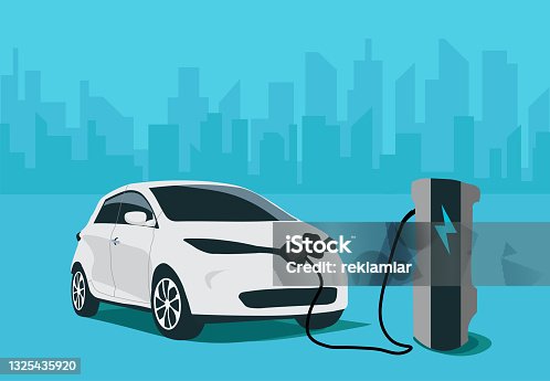 istock Vector illustration of vehicle charging at electric charging station in city. Vector illustration of white vehicle refilling power. Eco friendly anti oil car illustration. 1325435920