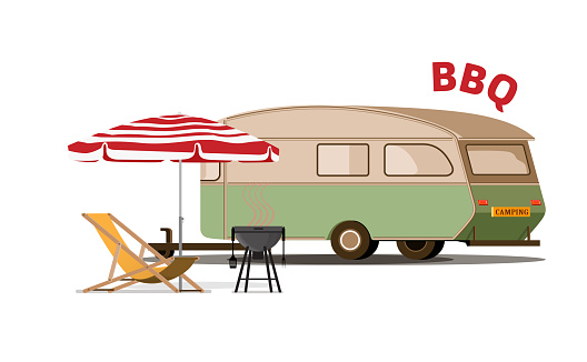 Vector illustration of vintage caravan with beach chair,BBQ grill and parasol.
