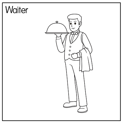 Vector illustration of waiter isolated on white background. Jobs and occupations concept. Cartoon characters. Education and school kids coloring page, printable, activity, worksheet, flashcard.