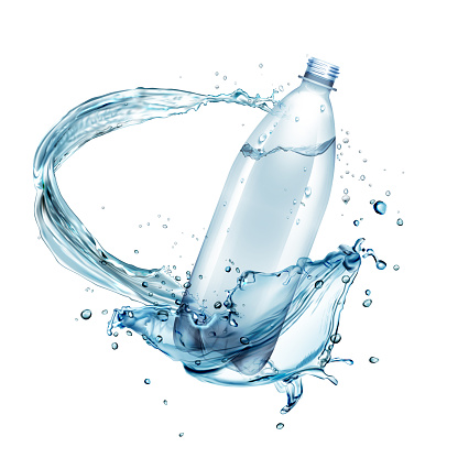 Vector illustration of water splashes around plastic bottle isolated on background