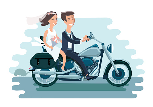 Vector illustration of wedding young couple riding the motorcycle on white isolated background