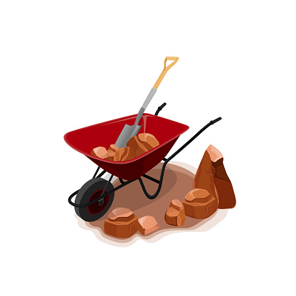 Vector illustration of wheelbarrow with a shovel moving rocks.