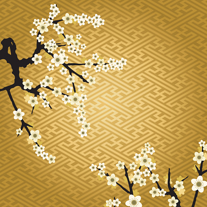 Vector illustration of white cherry blossoms on gold pattern