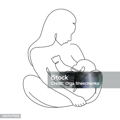 istock Vector illustration of woman breastfeeding her newborn baby holding in hands in one line art. Mother and baby together in lineart style 1347479355