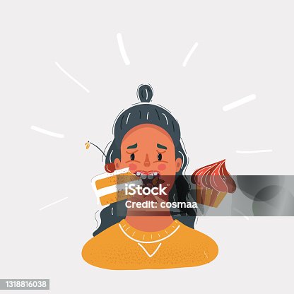 istock Vector illustration of woman eating a lot of cake. Female face on white background. 1318816038