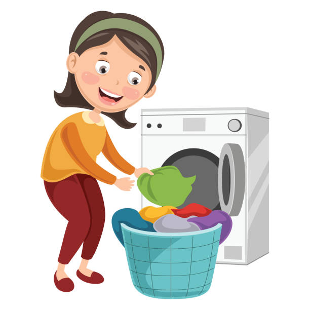 вектор иллюстрация женщины стиральная одежда - clip art of dirty laundry st...