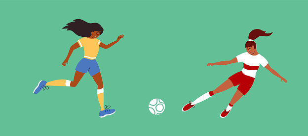 Vector illustration of women football with female soccer players playing ball on green field