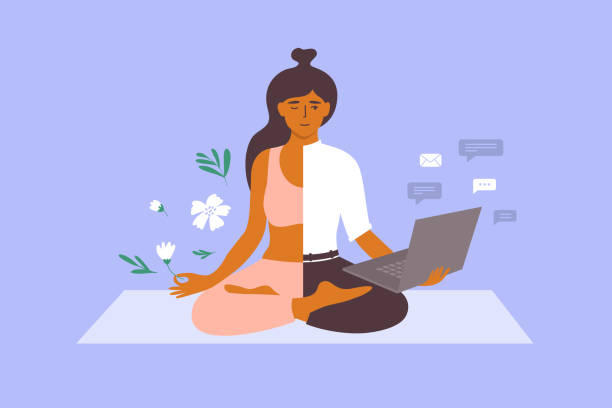 vector illustration of work life balance concept with business woman meditating on yoga mat holds laptop and flower in hand - 身體保養 幅插畫檔、美工圖案、卡通及圖標
