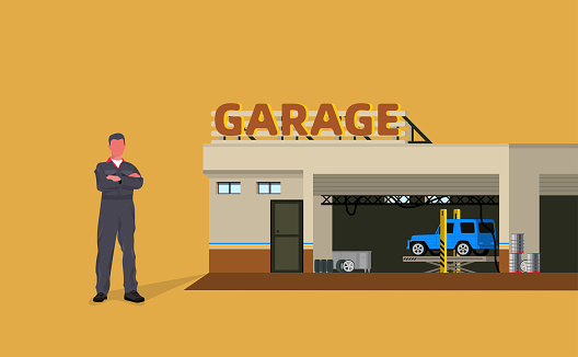 Vector illustration of working in a garage as a mechanician.Maintenance engineer