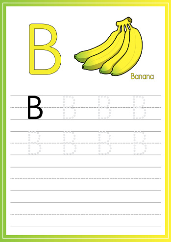 Vector illustration of Yellow banana isolated on a white background. With the capital letter B for use as a teaching and learning media for children to recognize English letters Or for children to learn to write letters Used to learn at home and school.