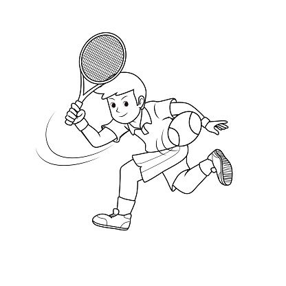 Vector illustration of young adult tennis player playing tennis with racket and ball isolated on white background. Kids coloring page, drawing, art, flash card. Color cartoon character clipart.