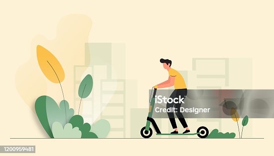istock Vector Illustration of Young Man Riding Electric Scooter. Flat Modern Design for Web Page, Banner, Presentation etc. 1200959481