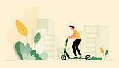 Vector Illustration of Young Man Riding Electric Scooter. Flat Modern Design for Web Page, Banner, Presentation etc.