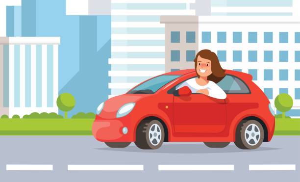Vector illustration of young woman driving street city landscape Vector illustration of young woman auto driver rides in red car city street in flat style. Concept lifestyle in the city teen driving stock illustrations