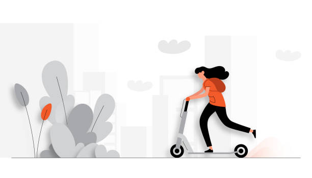 ilustrações de stock, clip art, desenhos animados e ícones de vector illustration of young woman riding electric scooter. flat modern design for web page, banner, presentation etc. - trotinetes