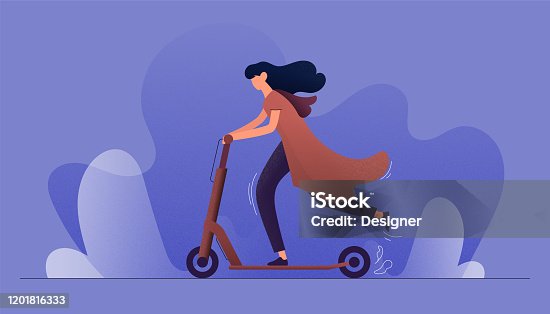 istock Vector Illustration of Young Woman Riding Electric Scooter. Flat Modern Design for Web Page, Banner, Presentation etc. 1201816333