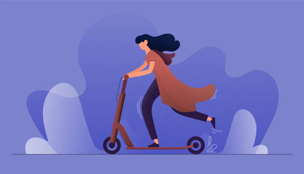 ilustrações de stock, clip art, desenhos animados e ícones de vector illustration of young woman riding electric scooter. flat modern design for web page, banner, presentation etc. - trotinetes