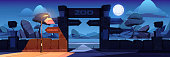 Zoo entrance with wooden board on arch at night. Vector cartoon landscape with entry gates to zoological garden, direction signs to different animals, stones, trees and moon in sky