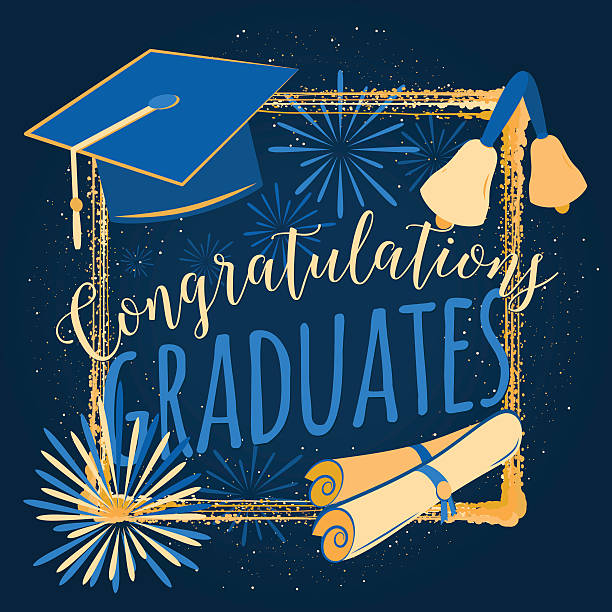 Vector illustration on dark background congratulations graduates 2016 class of Vector illustration on black background congratulations on graduation 2016 class of, retro color design for the graduation party. Typography for greeting, invitation card hats off to you stock illustrations