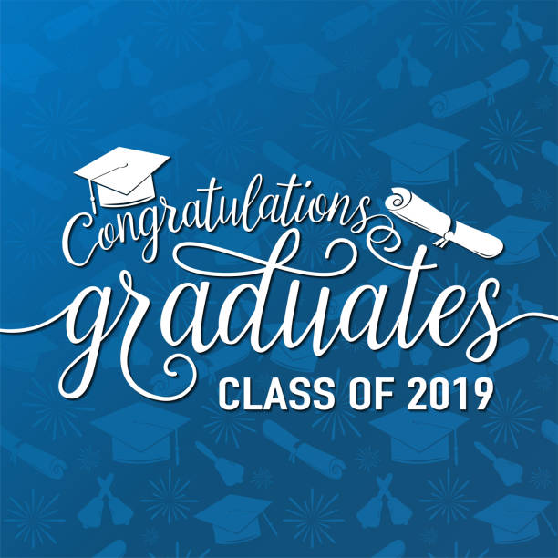 Vector illustration on seamless graduations background congratulations graduates 2019 class of, white sign for the graduation party. Typography greeting, invitation card with diplomas, hat, lettering Vector illustration on seamless graduations background congratulations graduates 2019 class of, white sign for the graduation party. Typography greeting, invitation card with diplomas, hat, lettering. graduation backgrounds stock illustrations