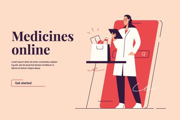 Vector illustration on the subject of online pharmacy, medicines ordering via smartphone. Editable stroke vector art illustration