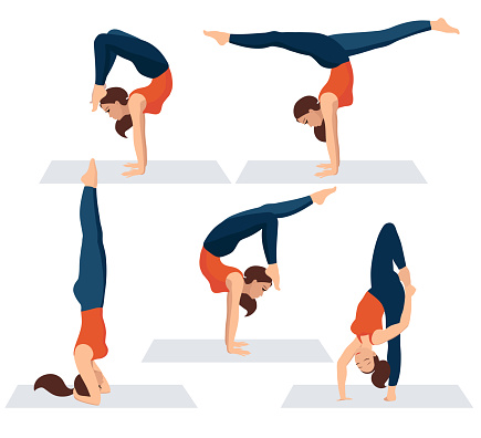 Vector illustration on white background. Set of various yoga asanas. Beautiful young woman in several poses of yoga. A woman in a sporty orange T-shirt and leggings relaxes. Heandstand exercises