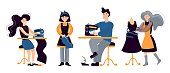 Vector illustration people sew in workshop clothes on a black dark background. The blonde sews on a typewriter, the red-haired girl cuts the fabric, the gray-haired man sews on the typewriter, the red-haired woman creates a dress. Illustration for sewing, embroidery, knitting courses