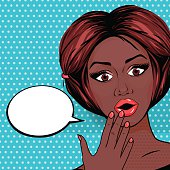 Pop Art Surprised African American woman with open mouth on dotted background. Retro Shocked Woman Face Vector Illustration.
