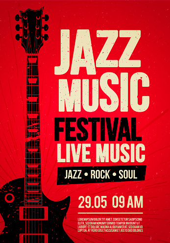 Vector Illustration poster flyer design template for Rock Jazz festival live music event with guitar in retro style on red background