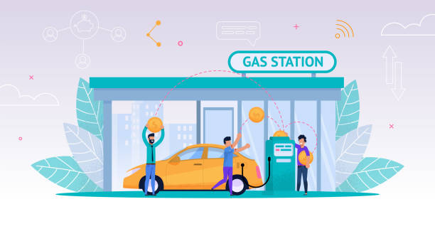 Vector Illustration Refueling Car on Gas Station Vector Illustration Refueling Car on Gas Station. Man Fills his Car with Fuel for Long Journey. Payment Gasoline. Oil Business. Refilling Yellow Car to Full Tank with Gasoline. Group Happy Men nail file stock illustrations