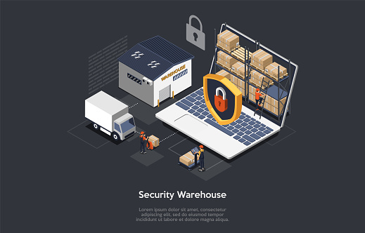 Vector Illustration. Security Warehouse, Safe Products Storage Keeping. 3D Composition, Isometry, Cartoon Style And Writings. Building, Truck, Laptop With Boxes On Screen, Shield And Lock. People Work