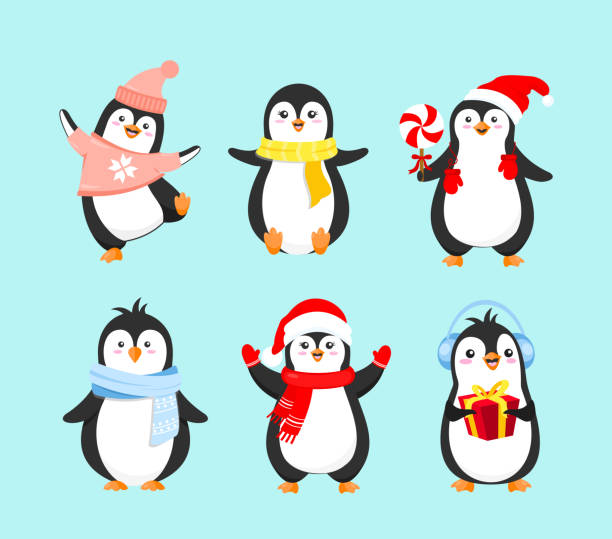 Vector illustration set of cute penguins in winter clothes. Merry Christmas concept, happy New Year and winter holidays. Penguins collection on light blue background in cartoon flat style. Vector illustration set of cute penguins in winter clothes. Merry Christmas concept, happy New Year and winter holidays. Penguins collection on light blue background in cartoon flat style baby penguin stock illustrations